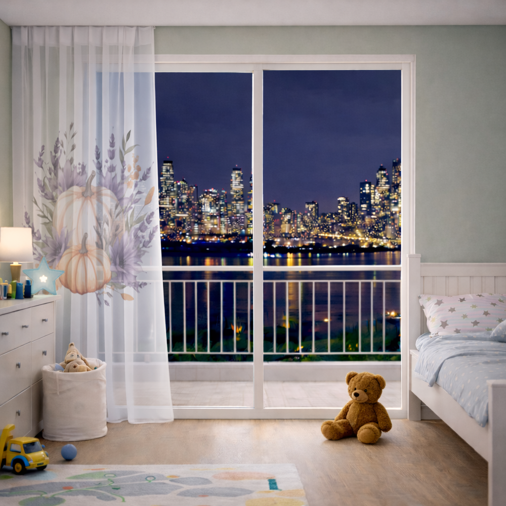 Lavender and Pumpkin Autumn Bouquet Sheer Curtain