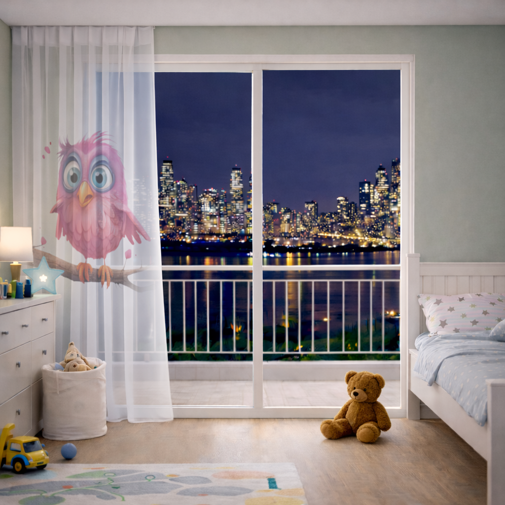 Cute Pink Bird with Large Blue Eyes Sheer Curtain