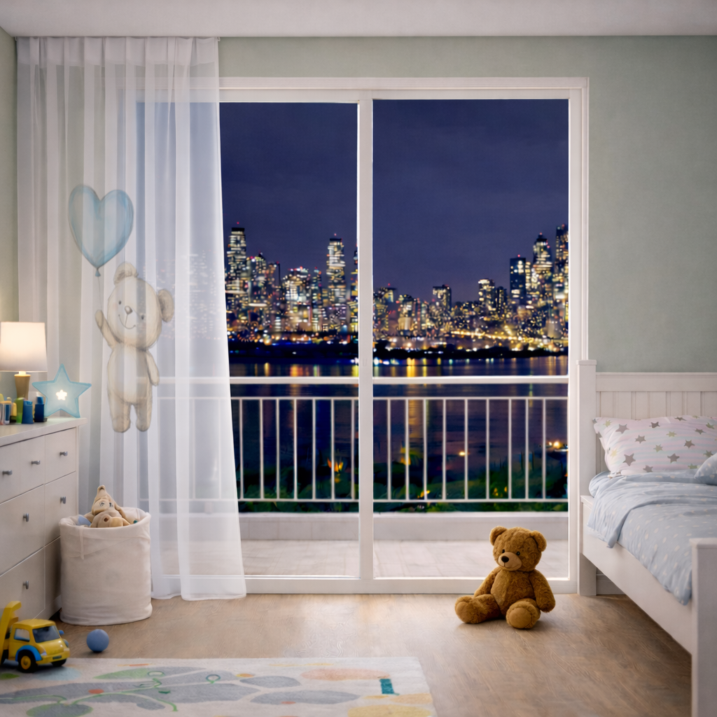 Cute Teddy Bear with Blue Heart Balloon Sheer Curtain