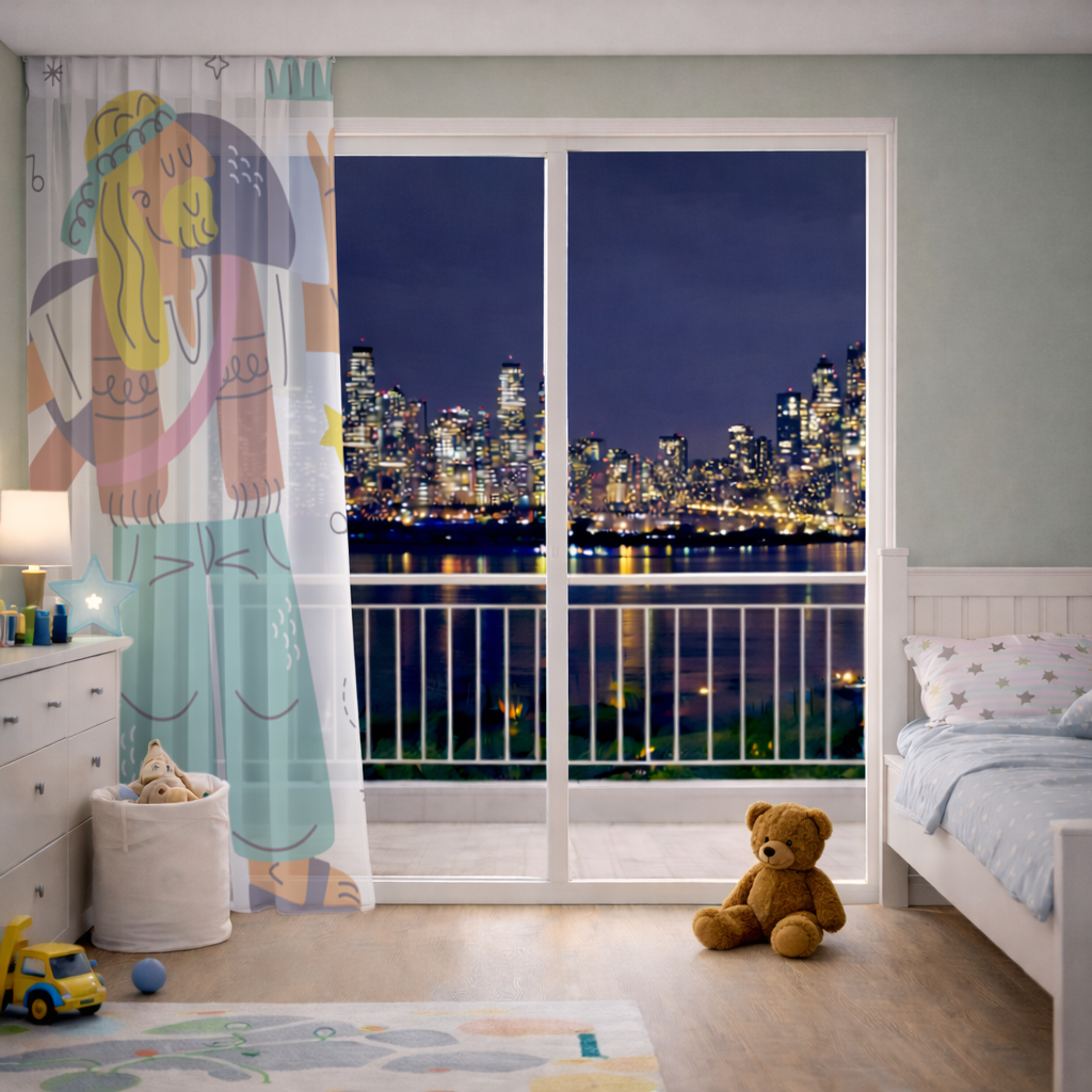 Retro Hippie Character Sheer Curtain