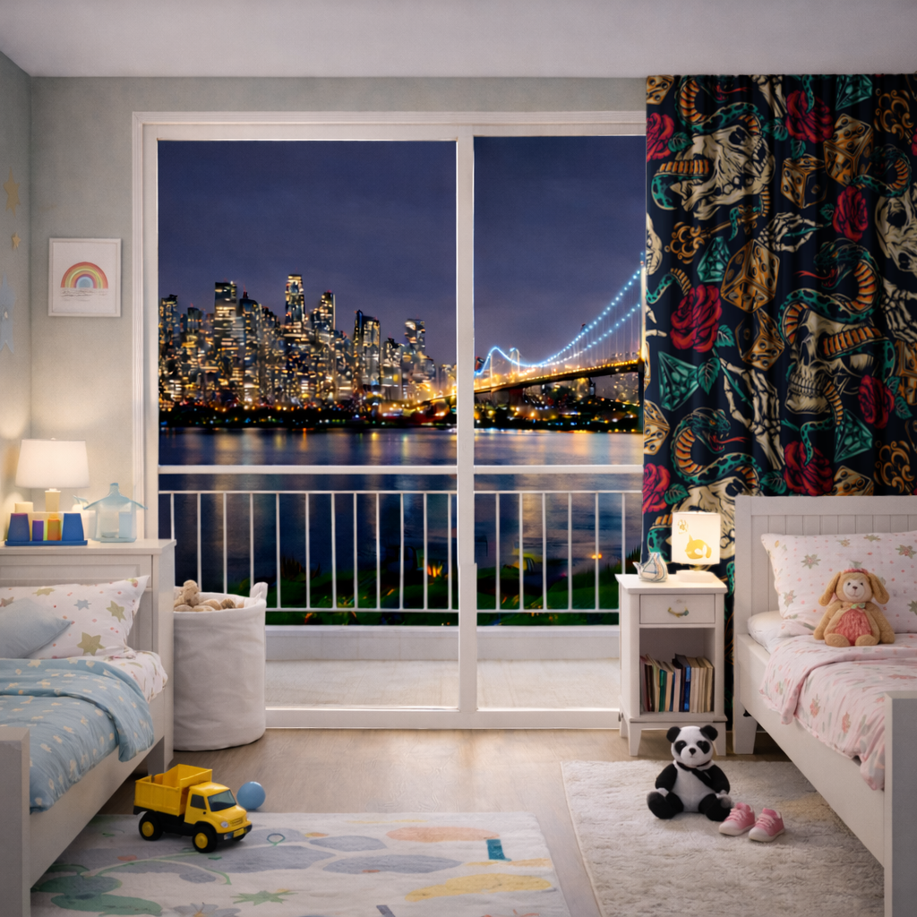 Skull Snake Dice and Roses Pattern Drapes