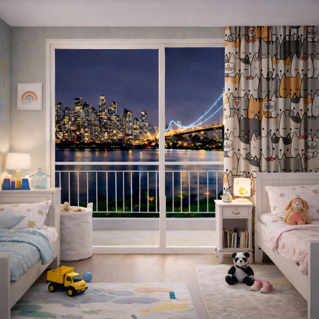 Cute Cartoon Cats Pattern with Speech Bubbles Drapes