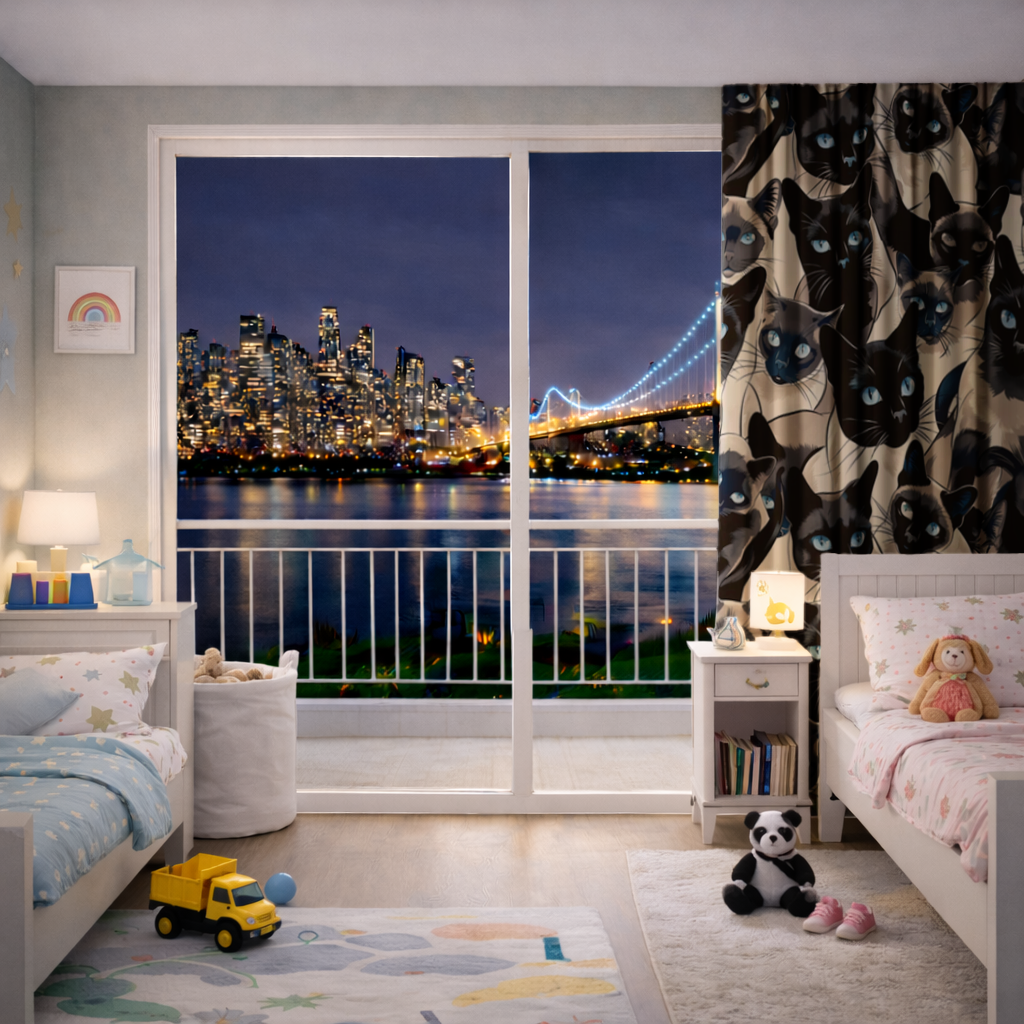 Blue Eyed Siamese Cat Elegant Illustration Pattern Drapes