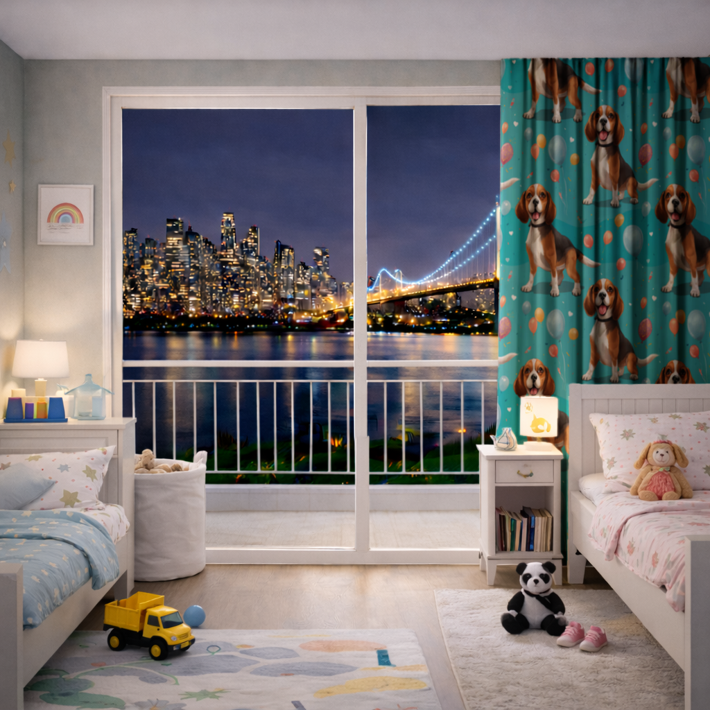 Sevimli Beagle Köpek ve Renkli Balonlar Desenli Tasarım Fon Perde