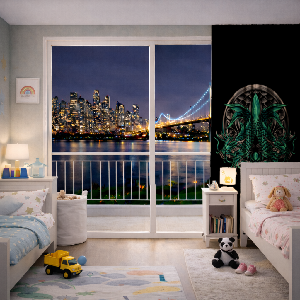 Turquoise Twin Dragon Emblem Design Drapes