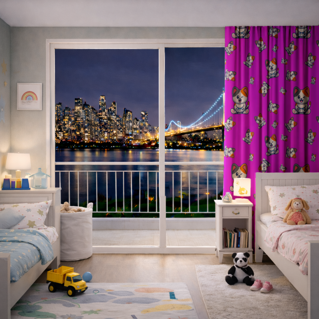 Cute Cartoon Cat Pattern on Pink Background Drapes