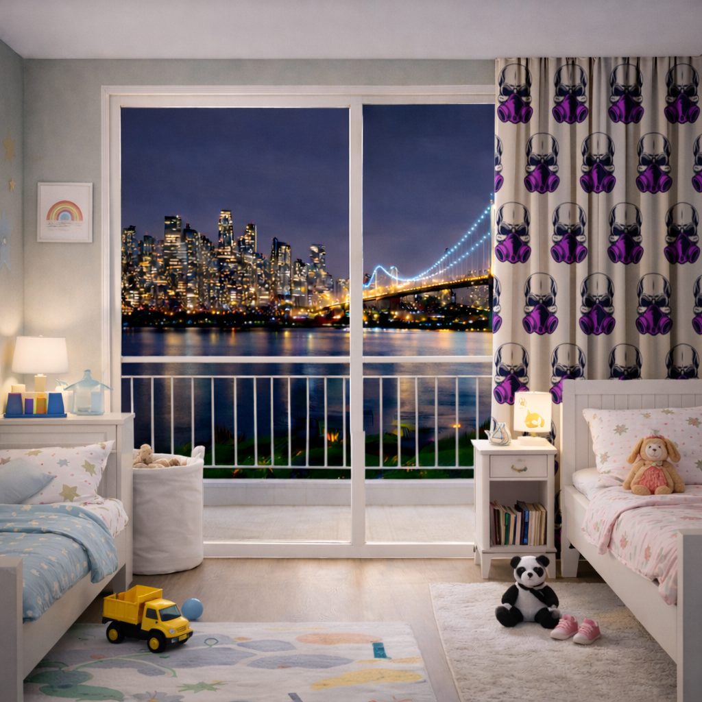 Skull with Gas Mask Illustration Modern and Edgy Design Drapes