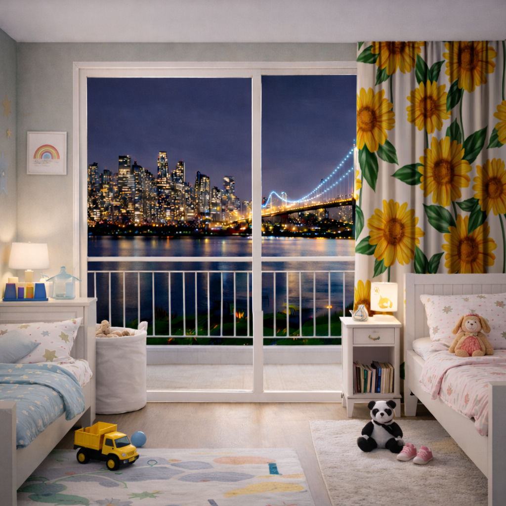 Vibrant Yellow Sunflower and Green Leaf Pattern Illustration Drapes