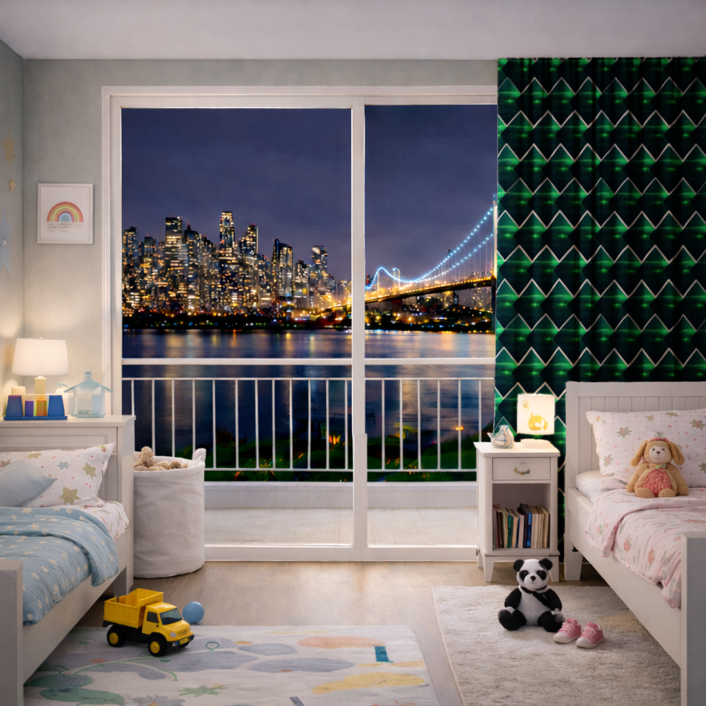 Green bright strips on black background. Drapes