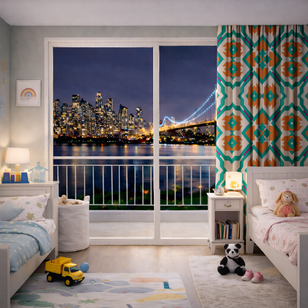 Orange and Turquoise Geometric Pattern Drapes