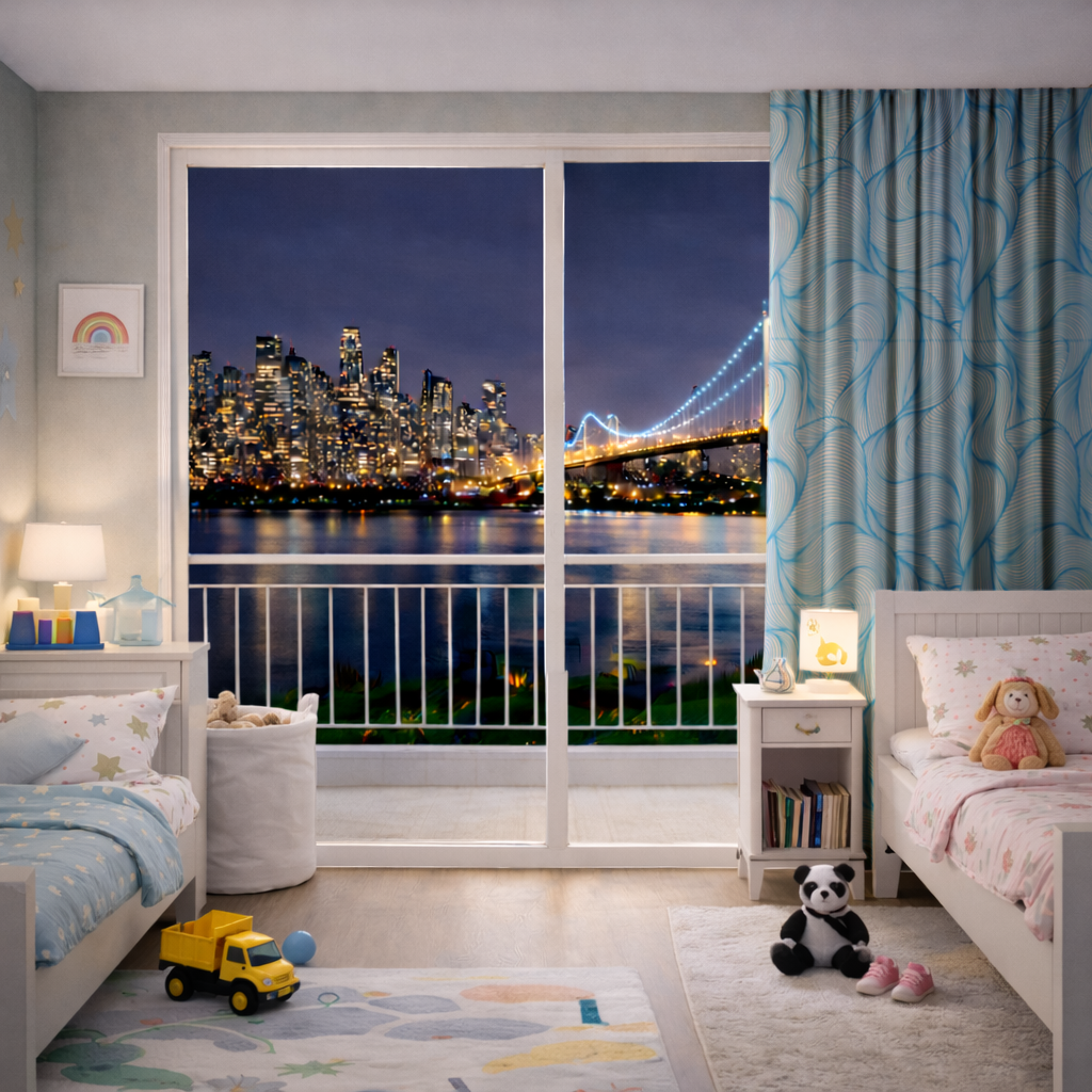 Mavi Dalgalı Çizgisel Soyut Desen Fon Perde