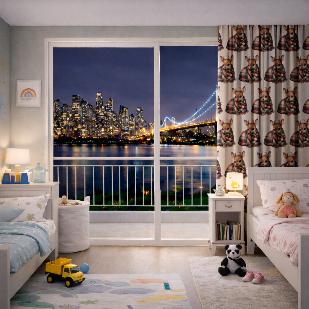 Kawaii Baby Deer with Plaid Scarf Drapes