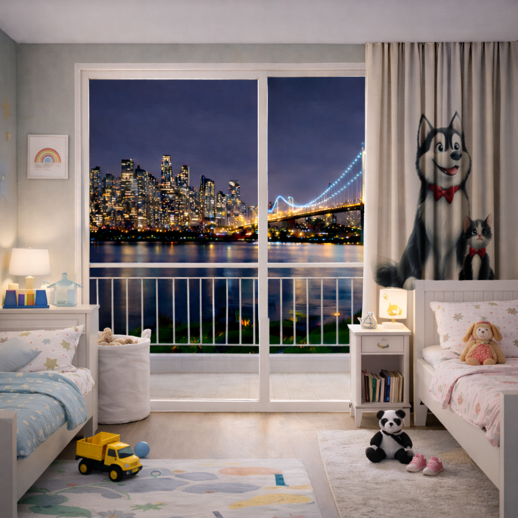 Cute Husky and Kitten with Red Bowties Drapes