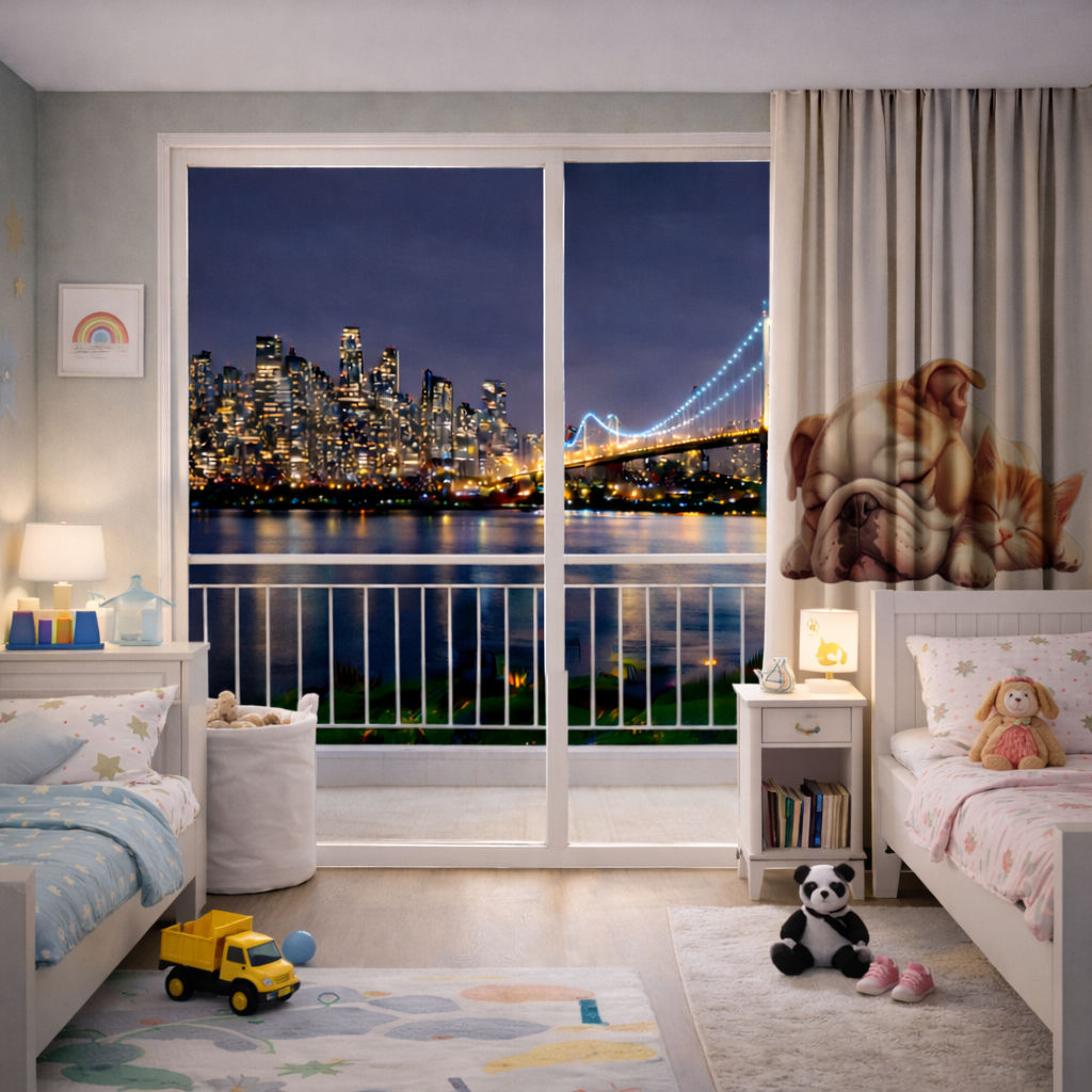 Sleeping Bulldog and Ginger Kitten Drapes