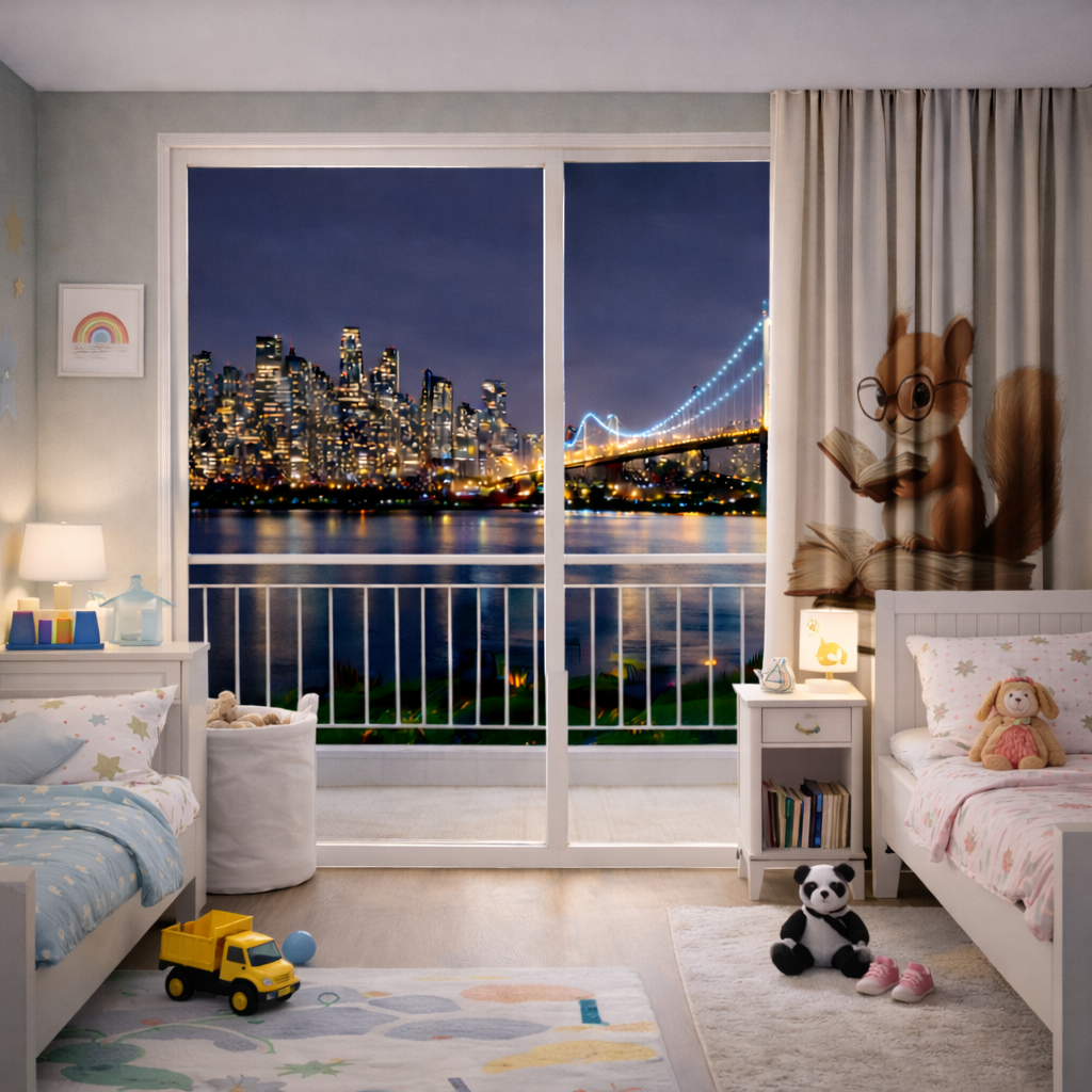 Scholarly Squirrel Reading on Book Stack Drapes