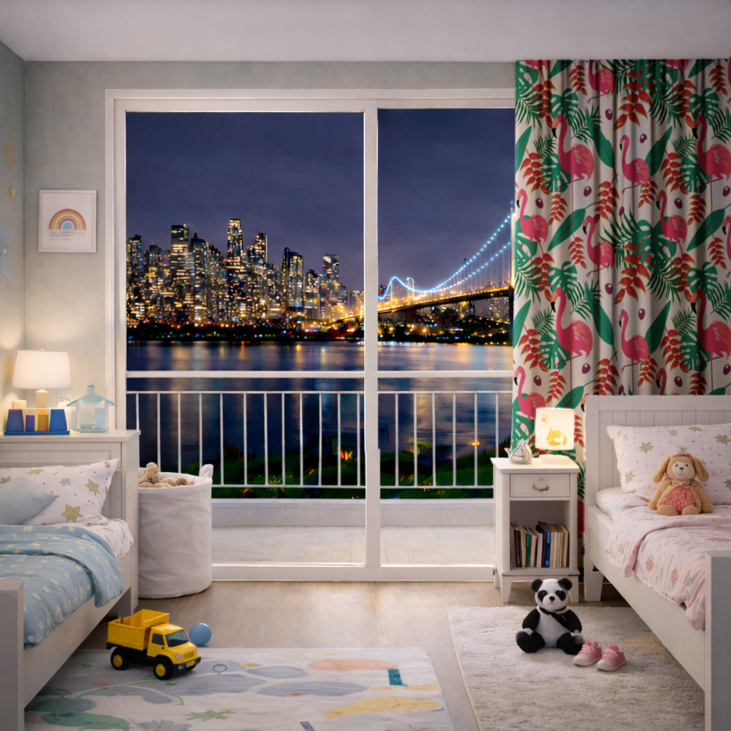 Pembe Flamingo Tropikal Yapraklar Fon Perde