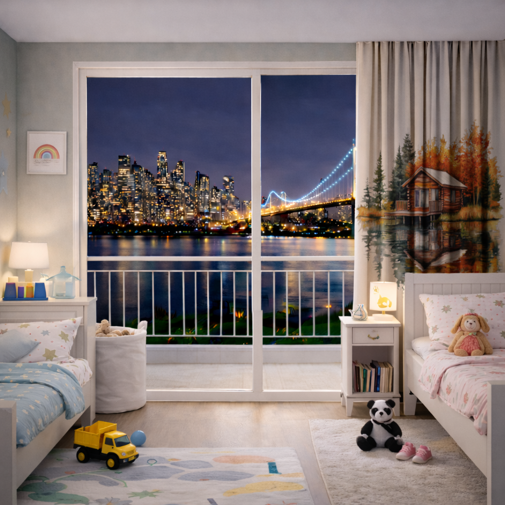 Göl Kenarı Kütük Ev ve Sonbahar Fon Perde