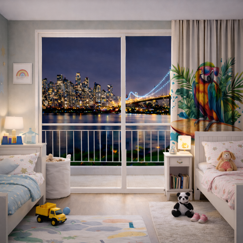 Sörf Yapan Güneş Gözlüklü Papağan Fon Perde