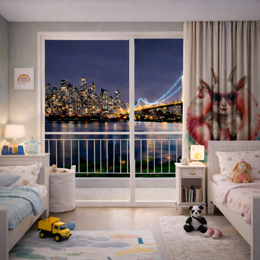 Baby Goat in Pink Pool Ring Drapes