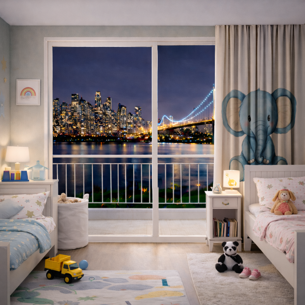 Mavi Suluboya Bebek Fil Fon Perde