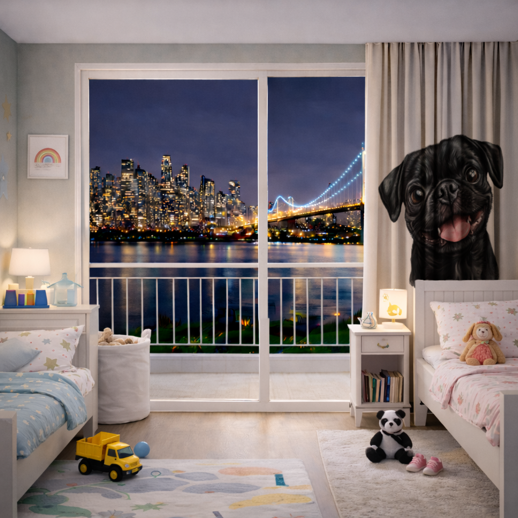 Happy Black Pug Face Drapes