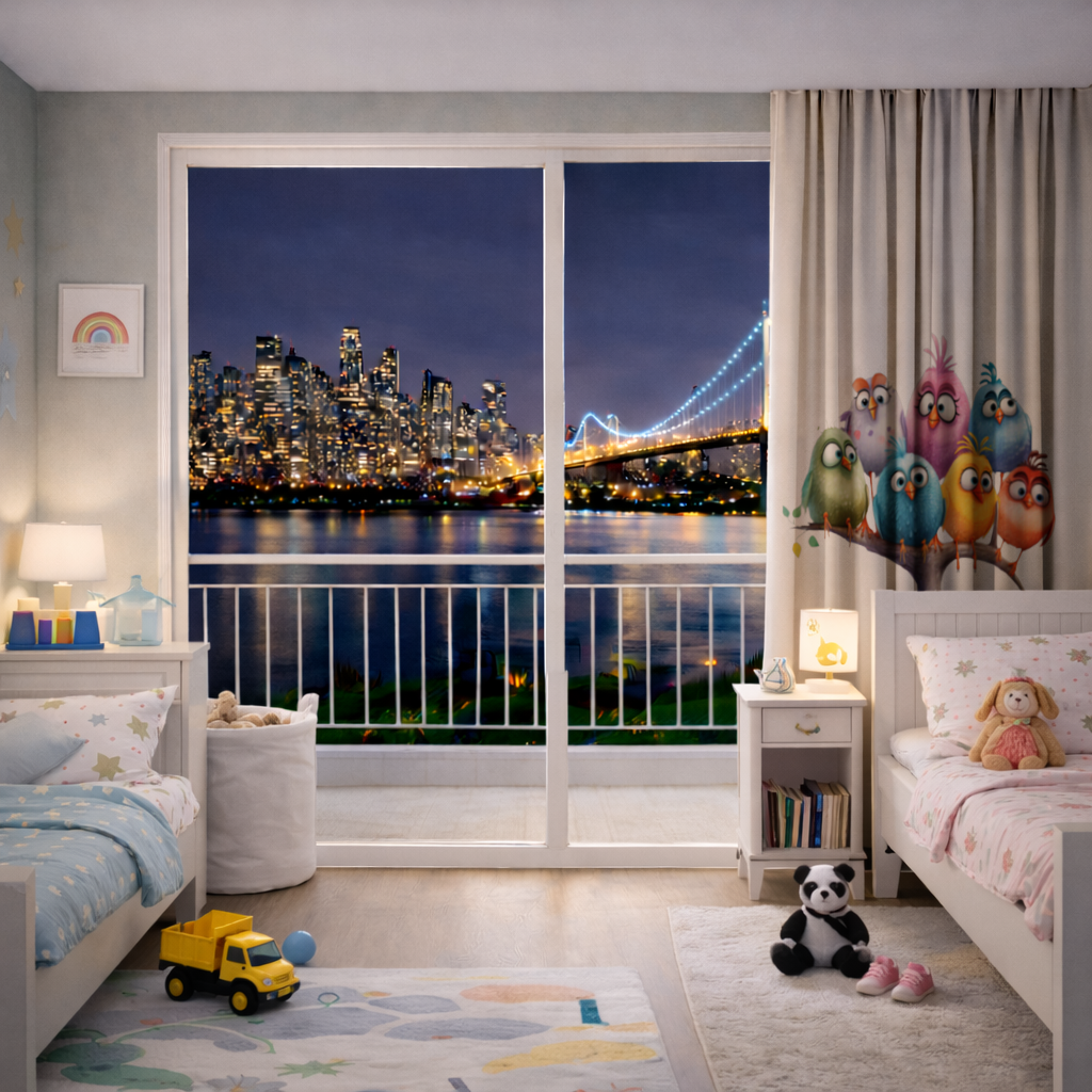 Whimsical Colorful Birds on Branch Drapes