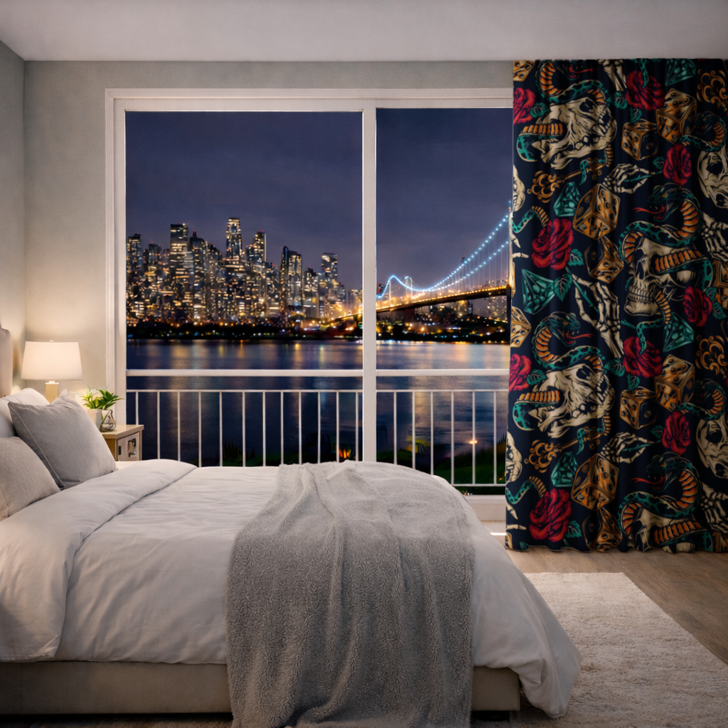 Skull Snake Dice and Roses Pattern Drapes