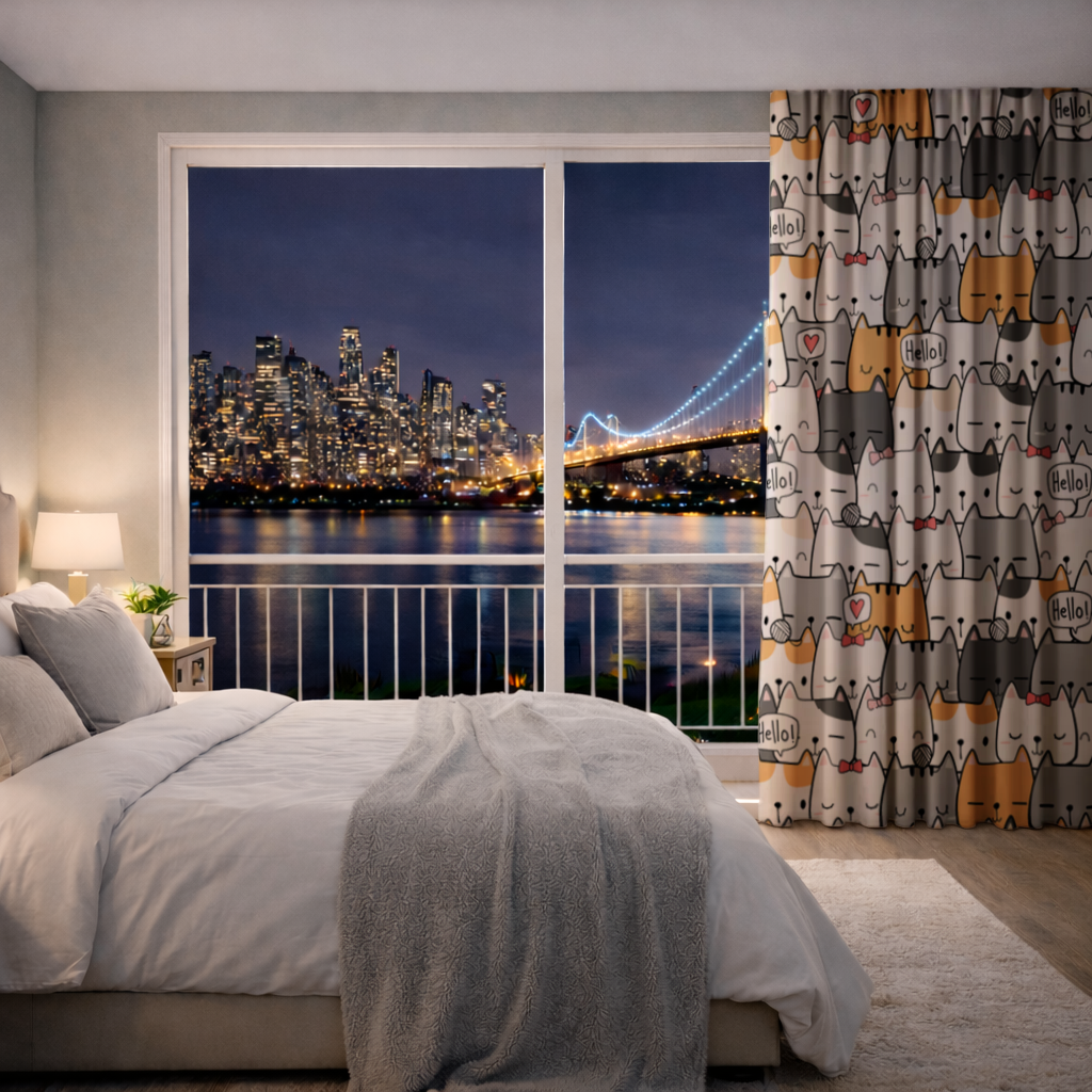 Cute Cartoon Cats Pattern with Speech Bubbles Drapes