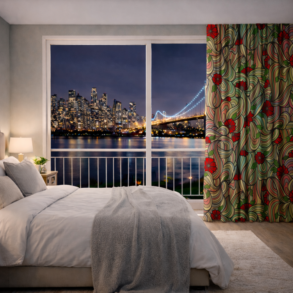 Çiçekli Retro Dalgalı Desen Fon Perde