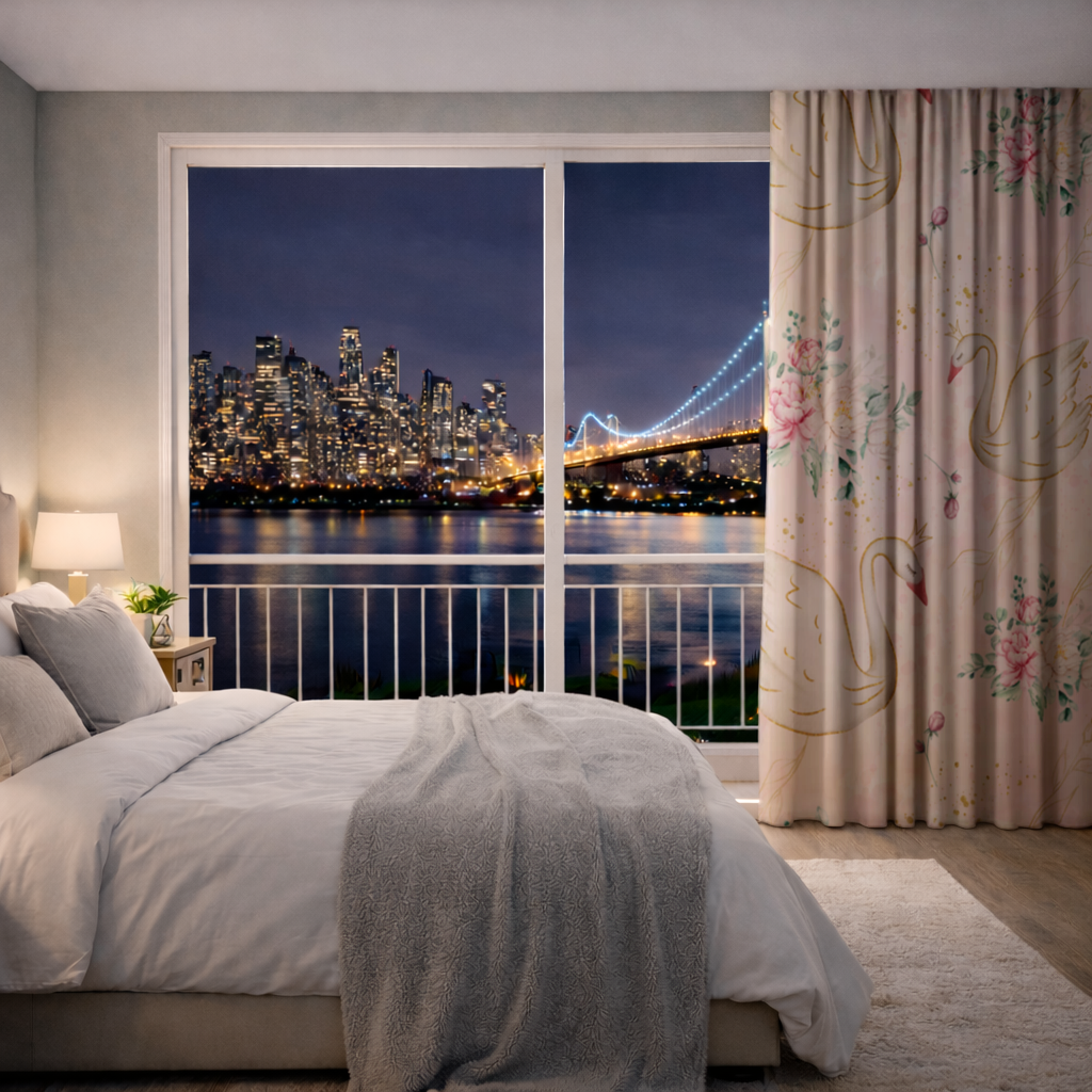 Pastel Kuğu ve Çiçekli Suluboya Desen Fon Perde