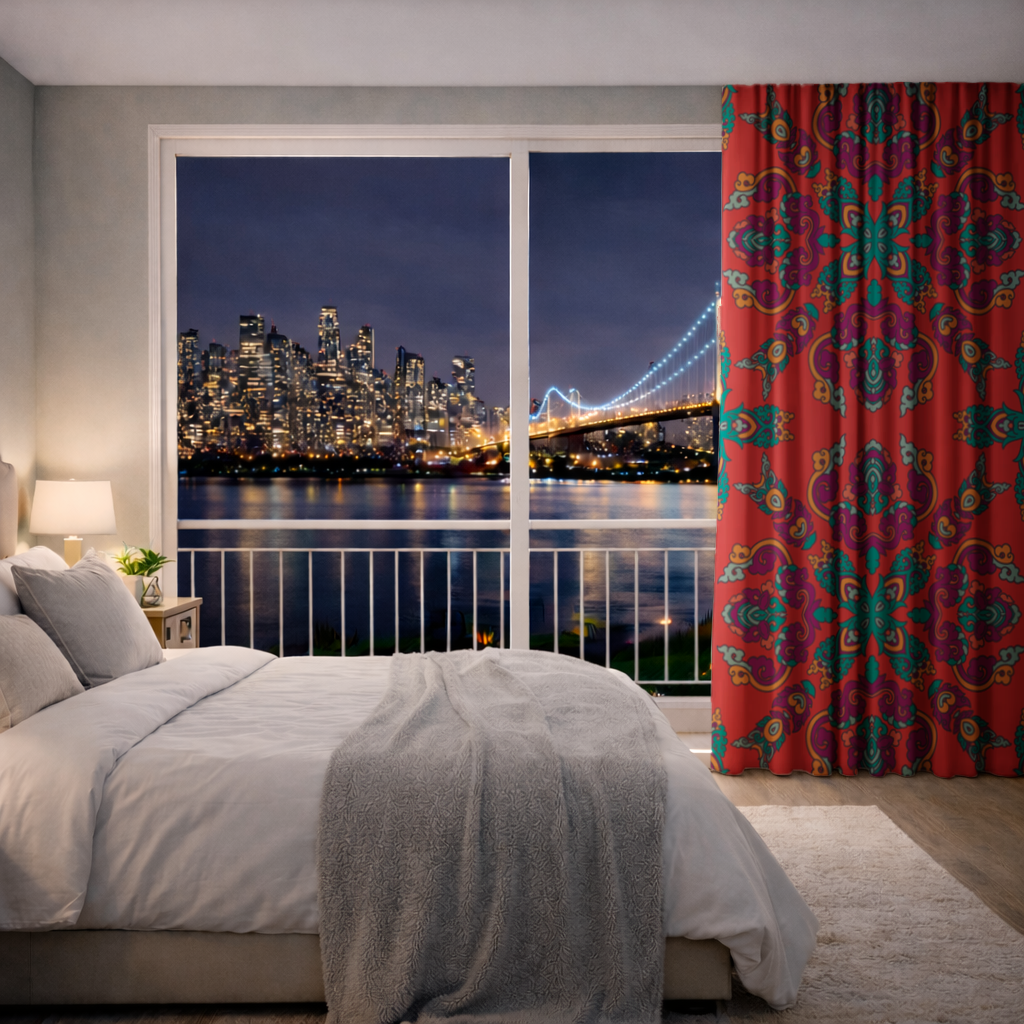 Canlı Kırmızı Zeminli Oryantal Mandala Deseni Fon Perde