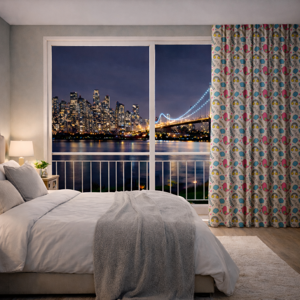 Cute Pink Bird and Rainbow Kids Pattern Drapes