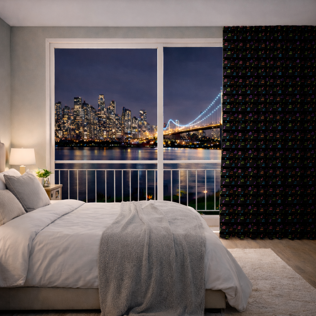 Vibrant Neon Music Notes and Rhythm Seamless Pattern Drapes