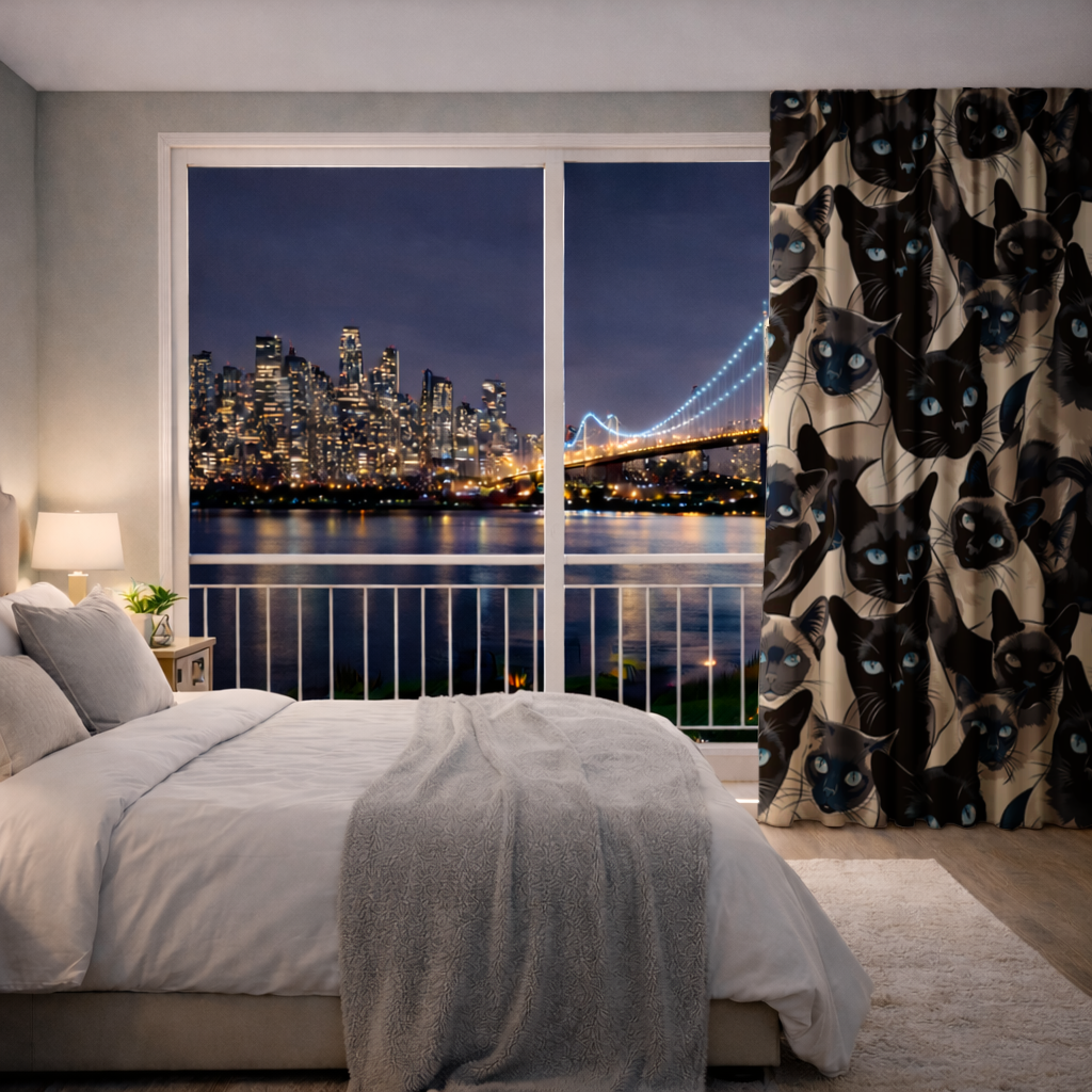 Mavi Gözlü Siyam Kedisi Desenli Şık İllüstrasyon Fon Perde