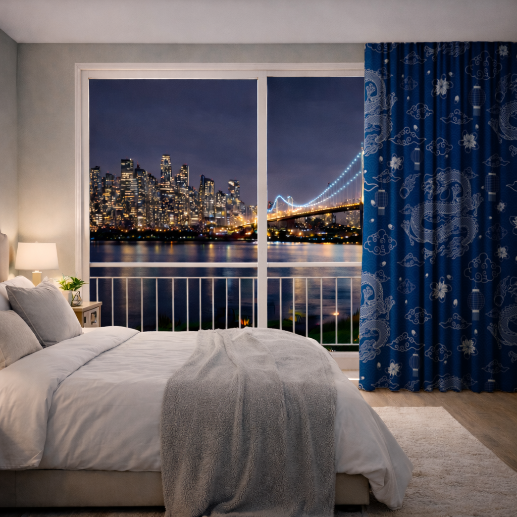 Traditional Dragon Pattern on Blue Background Drapes