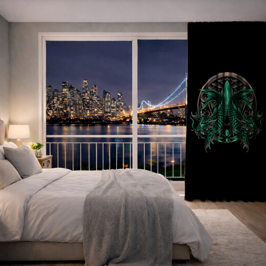 Turquoise Twin Dragon Emblem Design Drapes