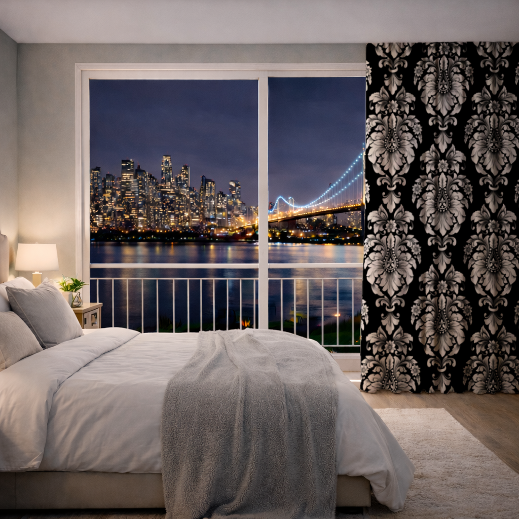Black and White Baroque Floral Pattern Drapes
