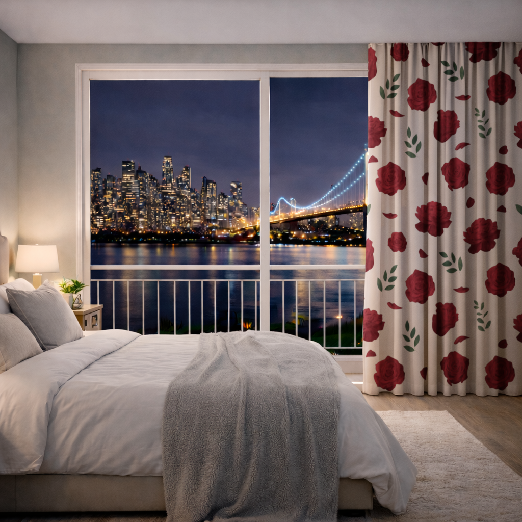 Red Rose and Leaf Romantic Seamless Pattern Drapes