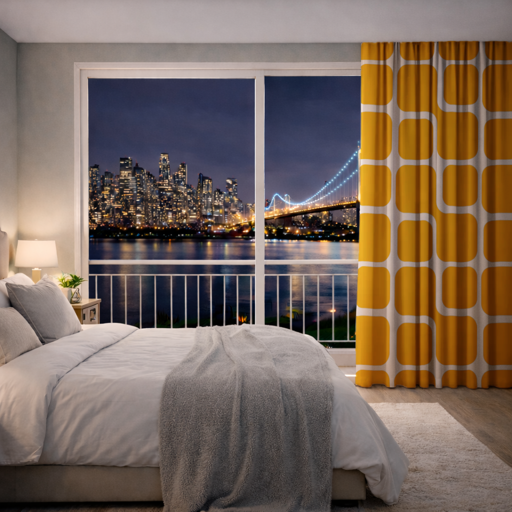 Yellow Geometric Labyrinth and Modern Abstract Pattern Drapes