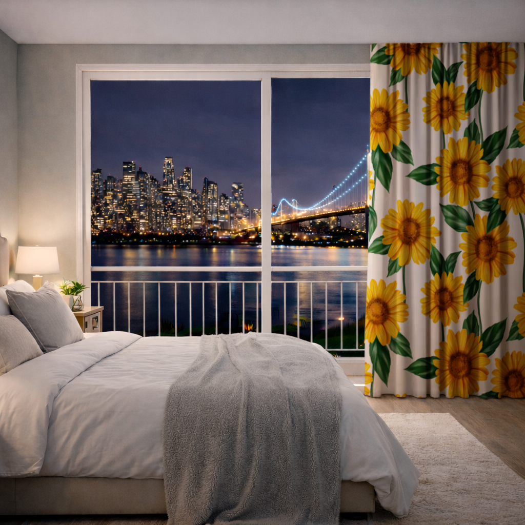 Vibrant Yellow Sunflower and Green Leaf Pattern Illustration Drapes