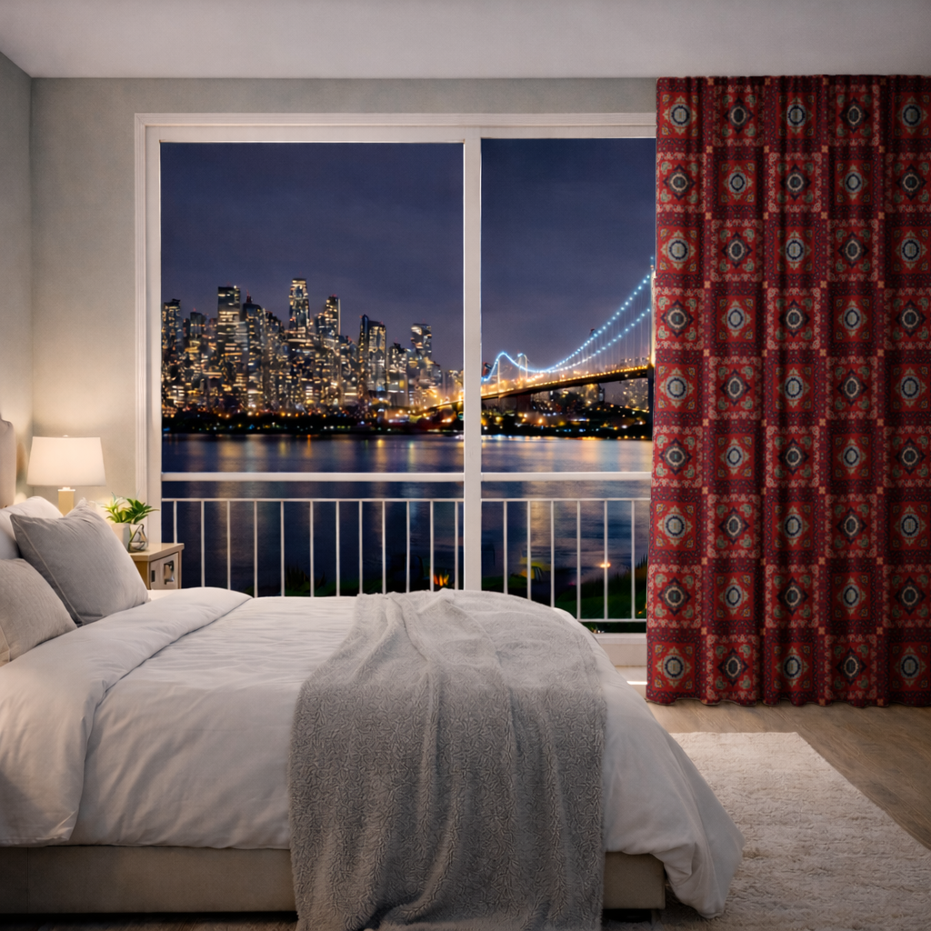 Geleneksel Kilim Motifli Kırmızı Etnik Geometrik Desen Fon Perde