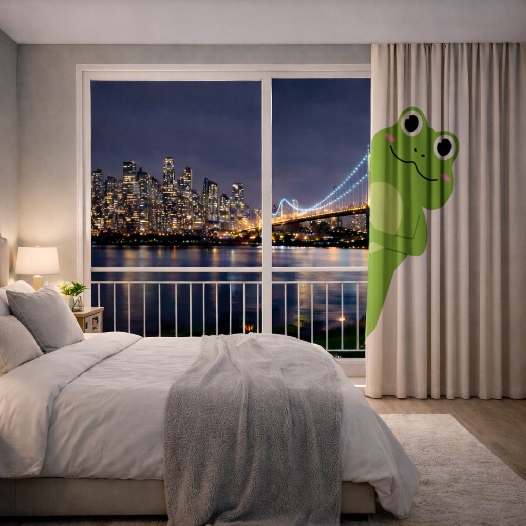 Cute Green Frog Peek-a-Boo Illustration Drapes