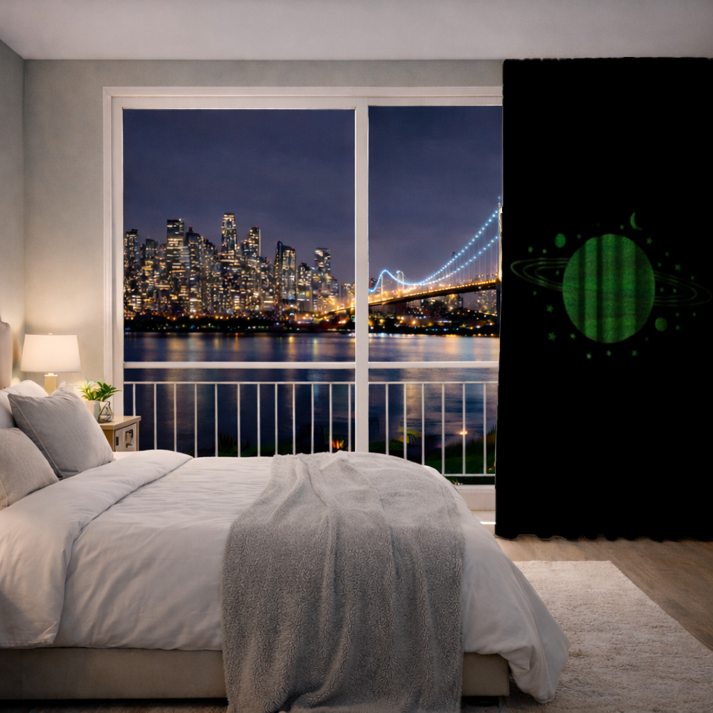 Green planets on a black background. Drapes