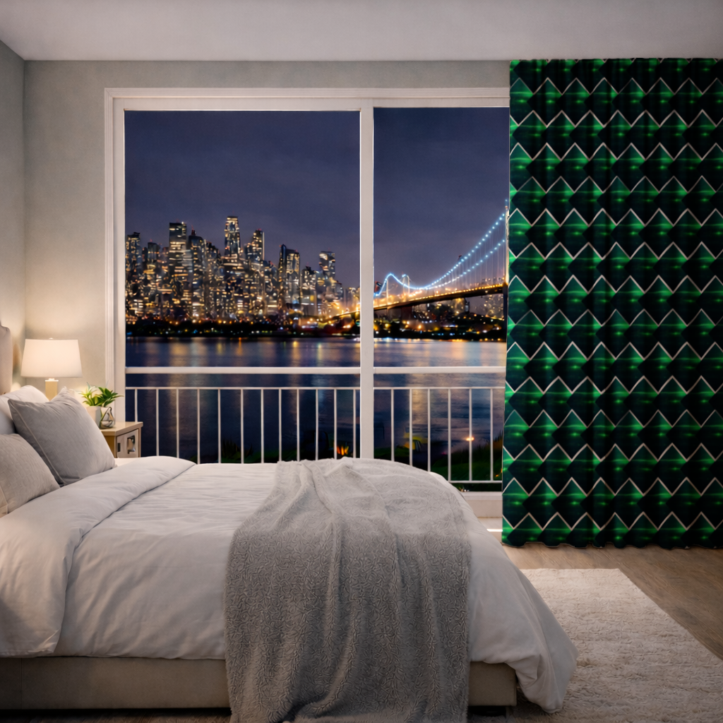 Green bright strips on black background. Drapes