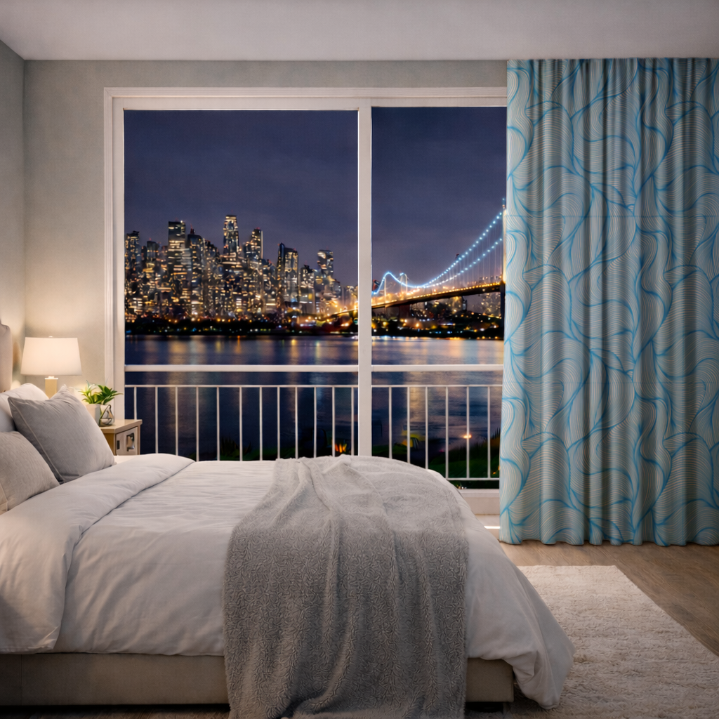 Blue Wavy Linear Abstract Pattern Drapes