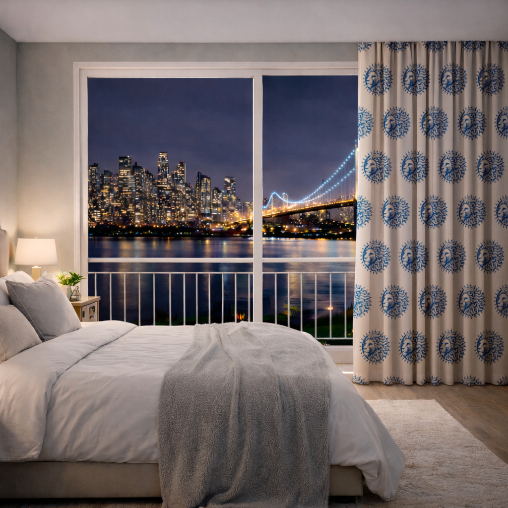 Leo Zodiac Sun and Moon Blue Motif Drapes