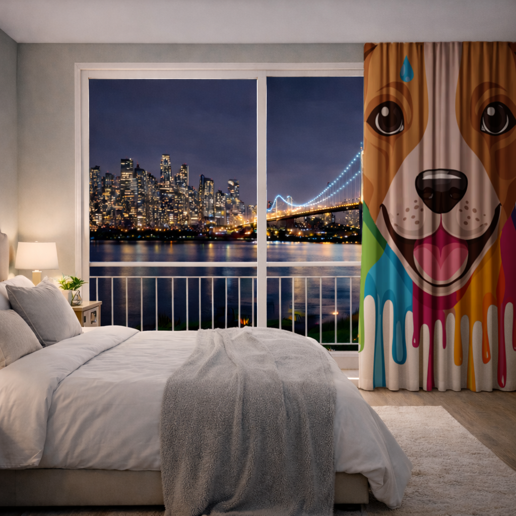 Happy Dog with Colorful Paint Drips Drapes