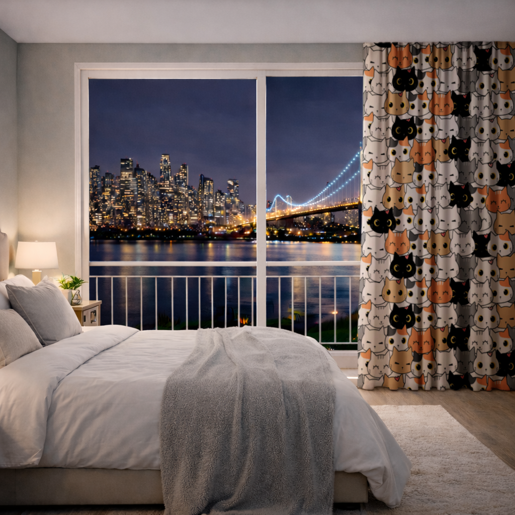 Renkli ve Sevimli Kedi Suratları Deseni Fon Perde