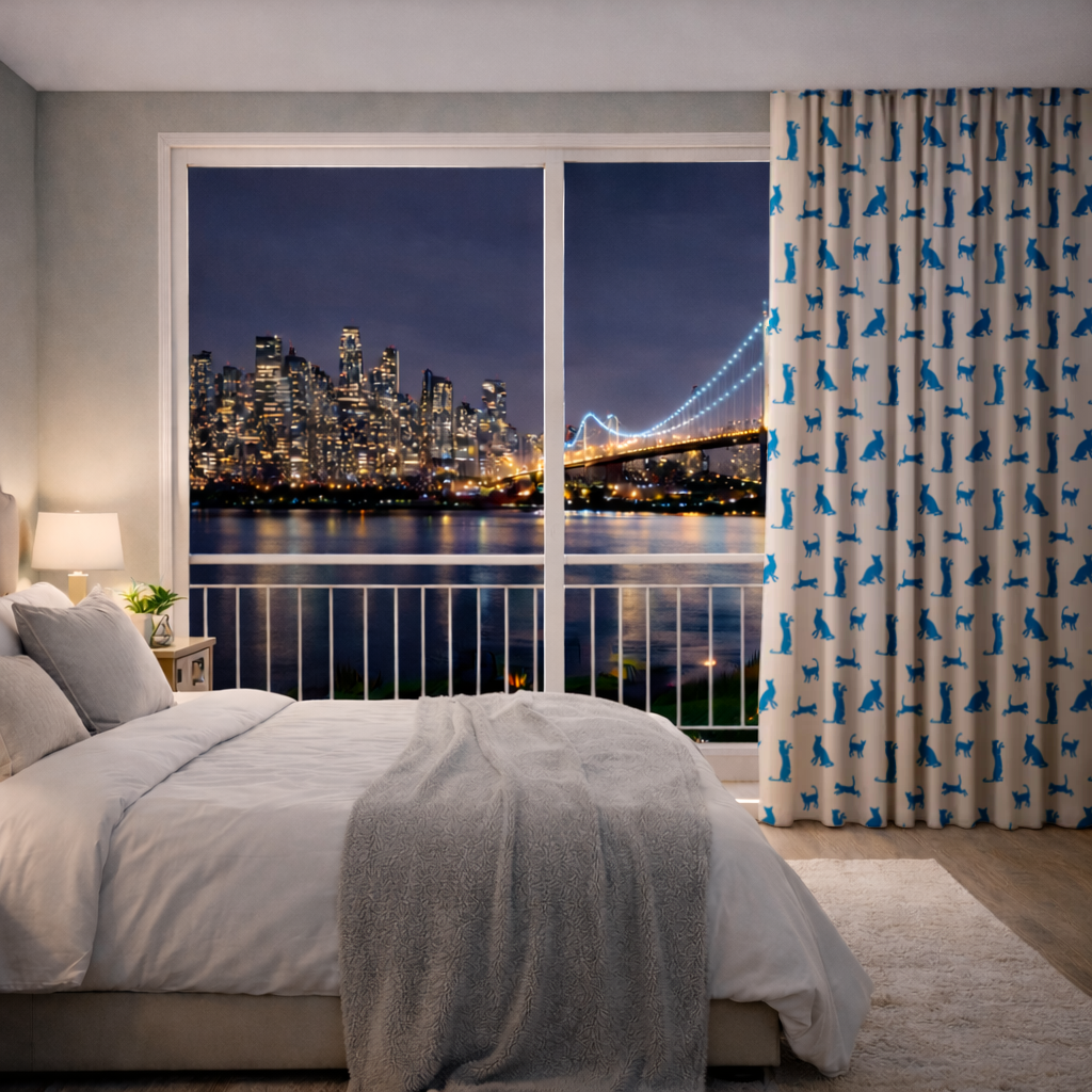 Blue Cat Silhouettes Seamless Pattern Drapes