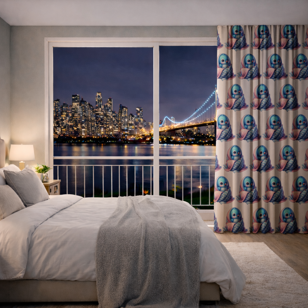 Kawaii Blue Bird in Blanket Drapes